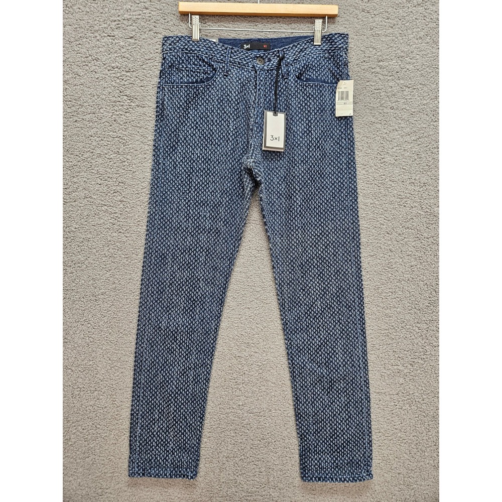 NWT 3x1 Boyfriend Jean 27 Blue Dekalb Textured Geometric Woven Made in USA